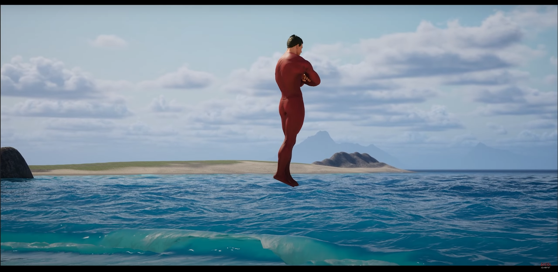 Valorous - Red Hero Hovering Above Ocean Waters